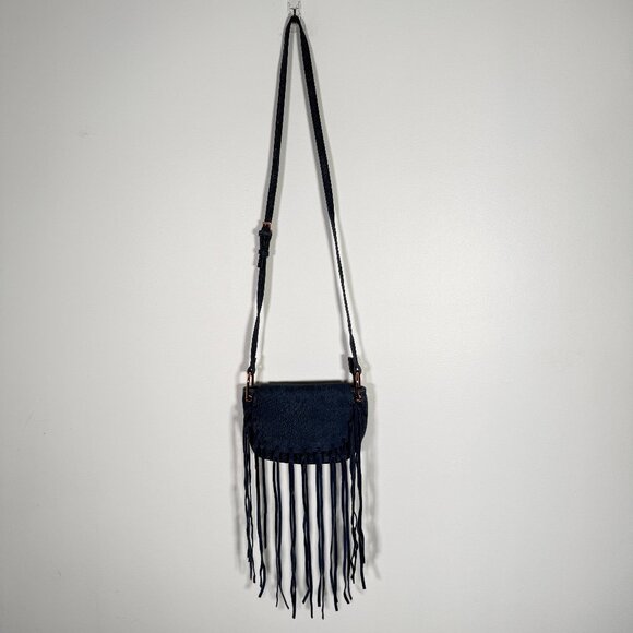Free People Blue Faux Leather Fringe Bag Festival Bohemian - Picture 2 of 9
